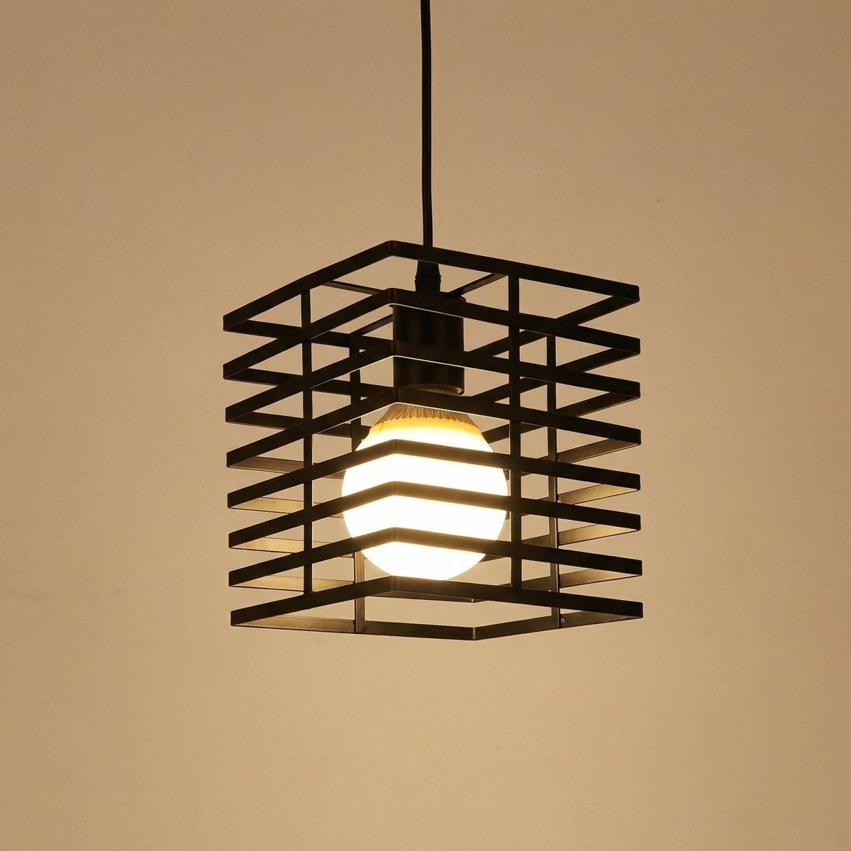 Black Metal Pendant Light With Square Cage Design, 12x12 Inches