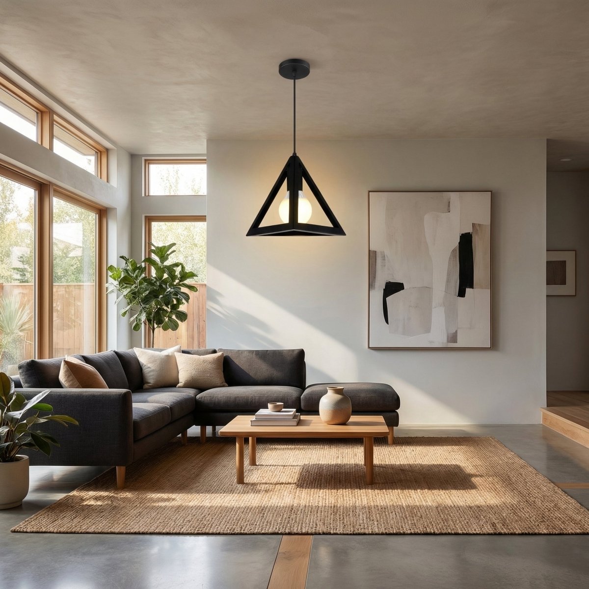 Trekantet sort pendellampe i metal, moderne stil, 12 tommer