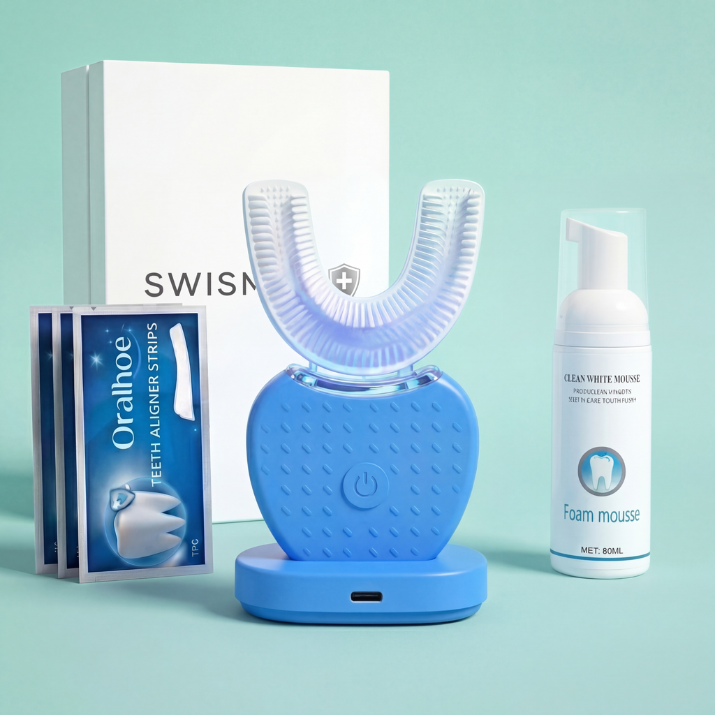 Swismile U-formet ultrasonisk elektrisk tannbørste med tannkrem og Whitestrips