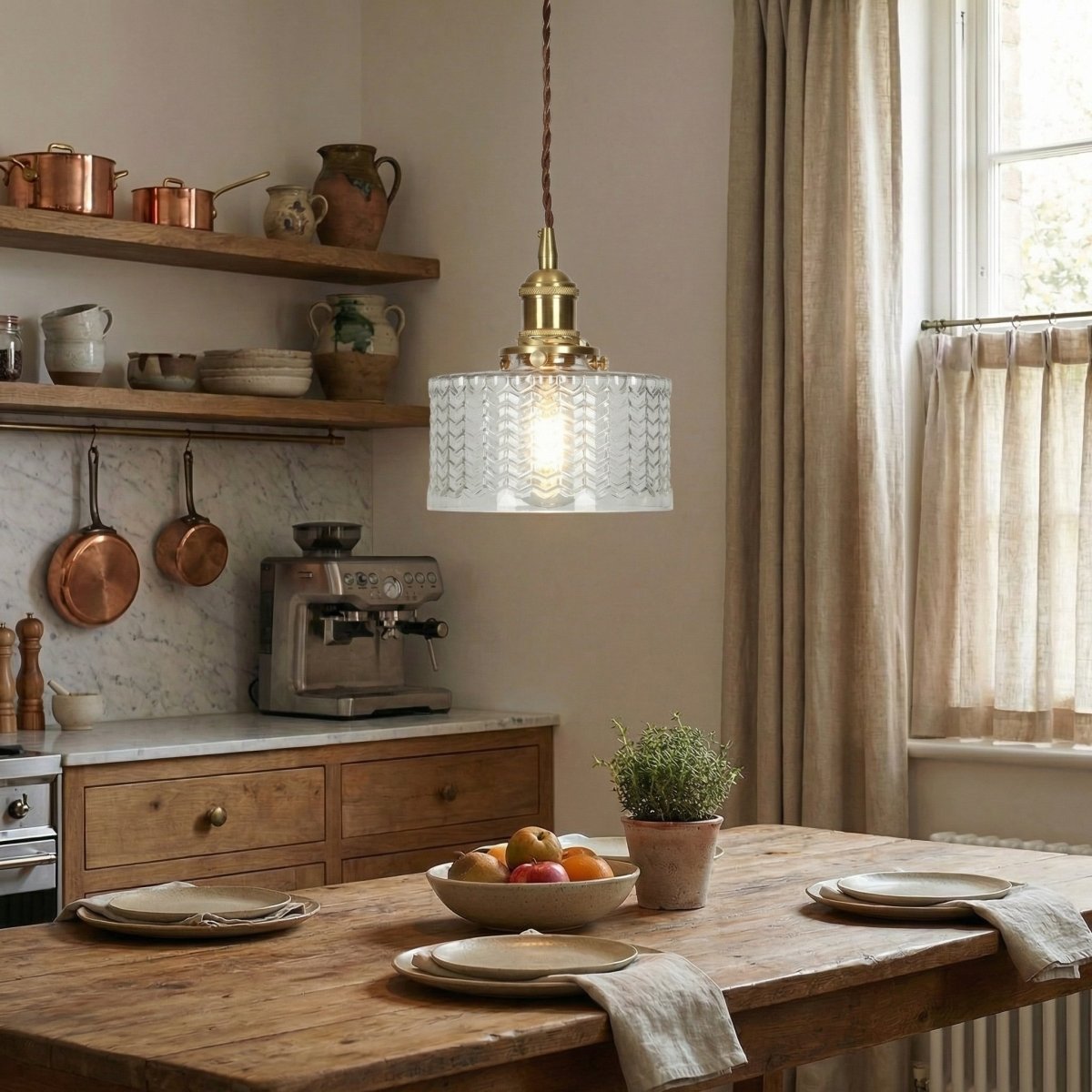 Vintage Brass Pendant Light With Glass Shade, 12-Inch Fixture