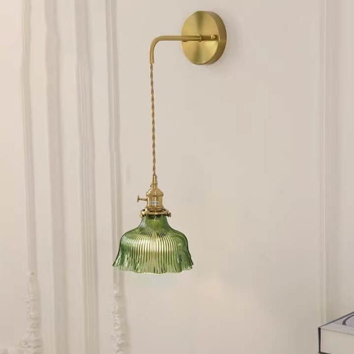 Brass Wall Light With Green Glass Flower Shade Single Bulb