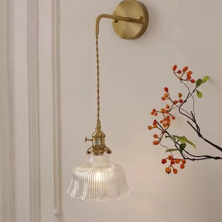 Brass Wall Light With Green Glass Flower Shade Single Bulb