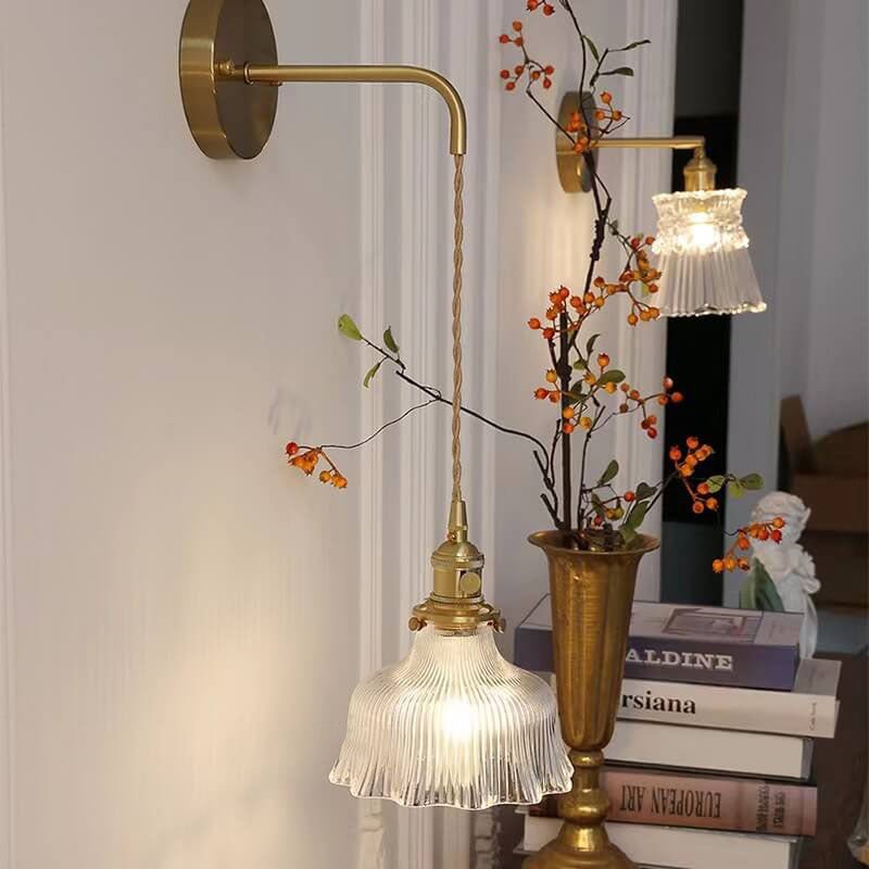 Brass Wall Light With Green Glass Flower Shade Single Bulb