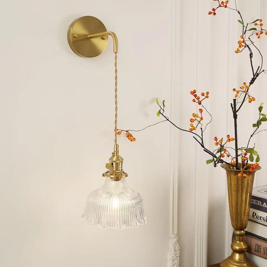 Brass Wall Light With Green Glass Flower Shade Single Bulb