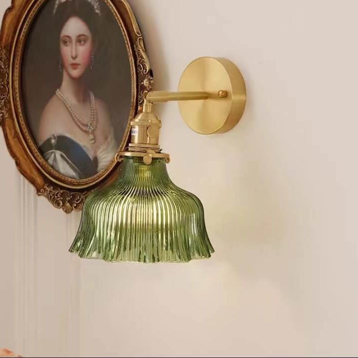 Brass Wall Light With Green Glass Flower Shade Single Bulb