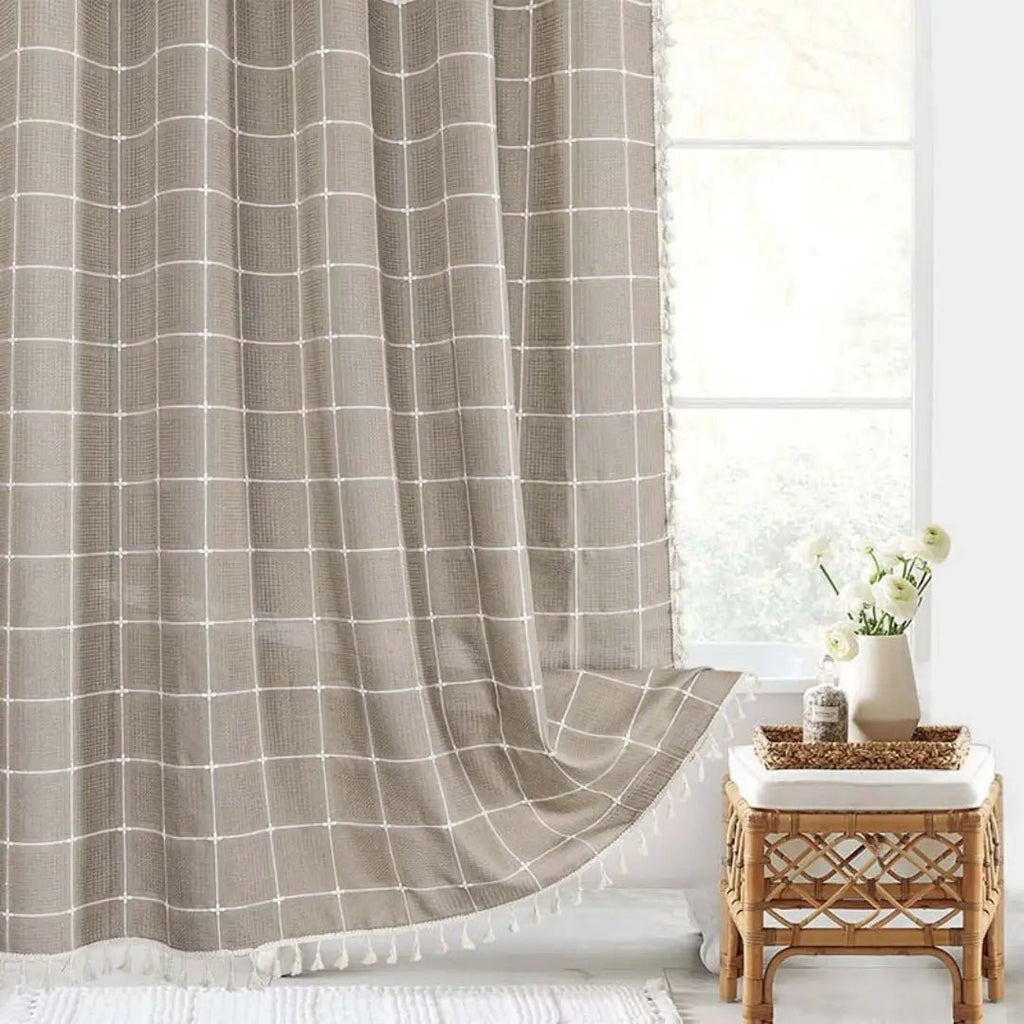 LinenLoom boho len fürdőszobai zuhanyfüggöny bojttal, vízálló, boho dekor kedvelőknek