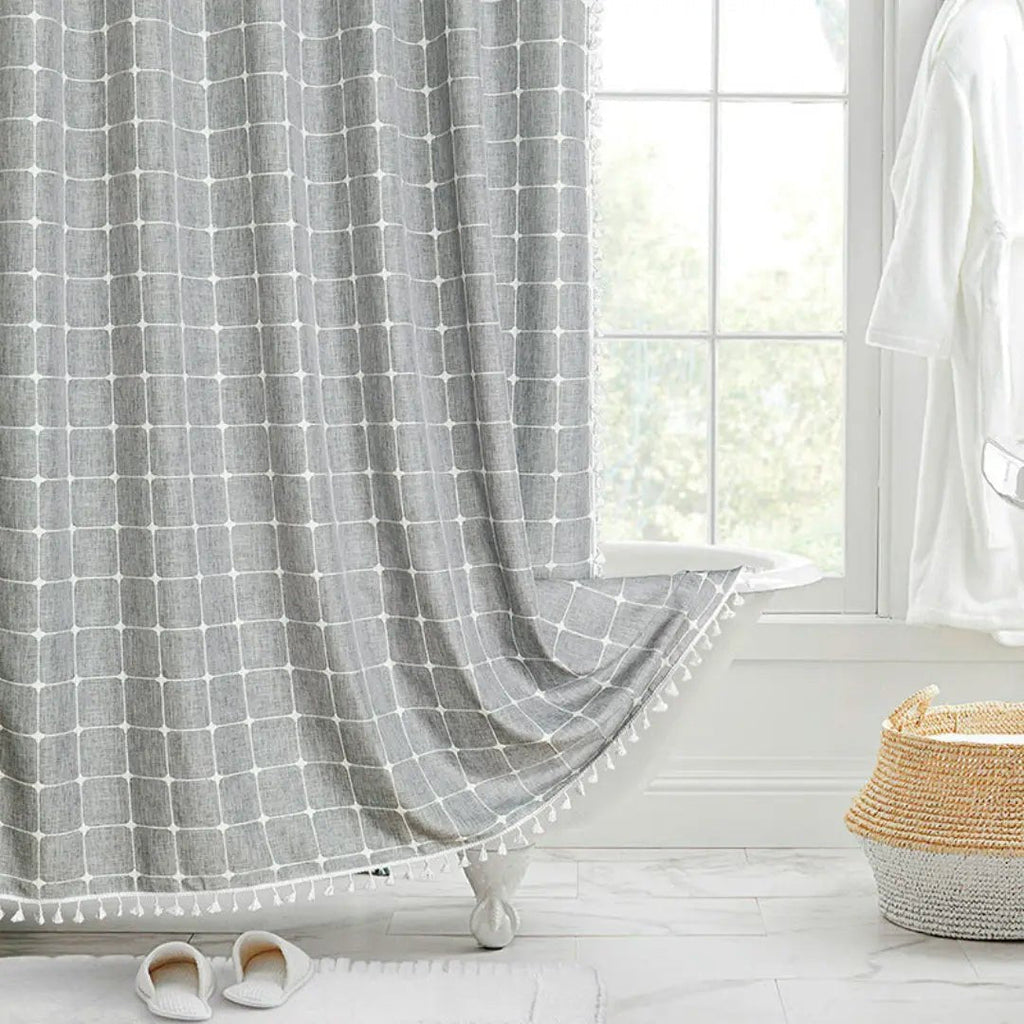 LinenLoom boho len fürdőszobai zuhanyfüggöny bojttal, vízálló, boho dekor kedvelőknek