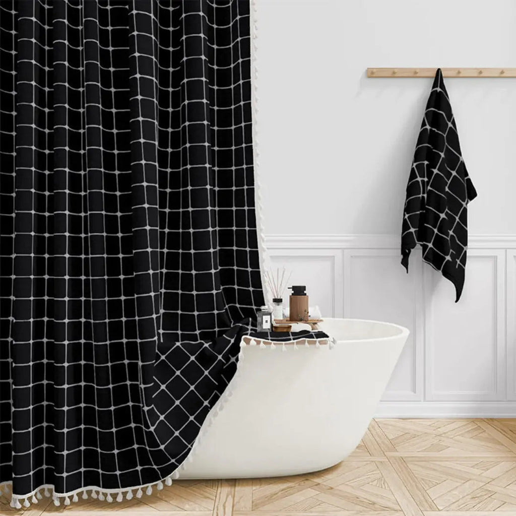 LinenLoom boho len fürdőszobai zuhanyfüggöny bojttal, vízálló, boho dekor kedvelőknek