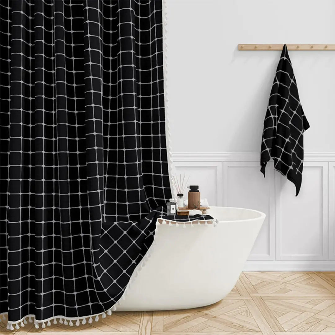 LinenLoom boho len fürdőszobai zuhanyfüggöny bojttal, vízálló, boho dekor kedvelőknek