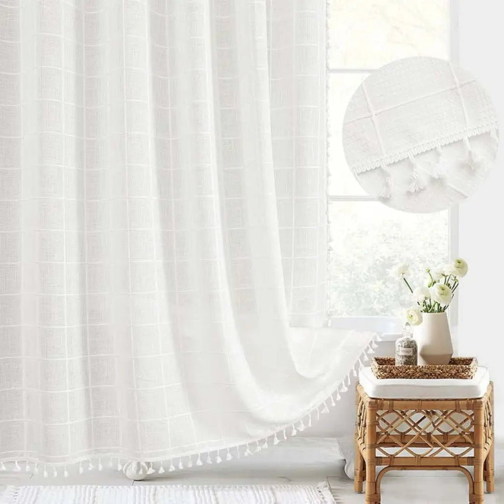 LinenLoom boho len fürdőszobai zuhanyfüggöny bojttal, vízálló, boho dekor kedvelőknek