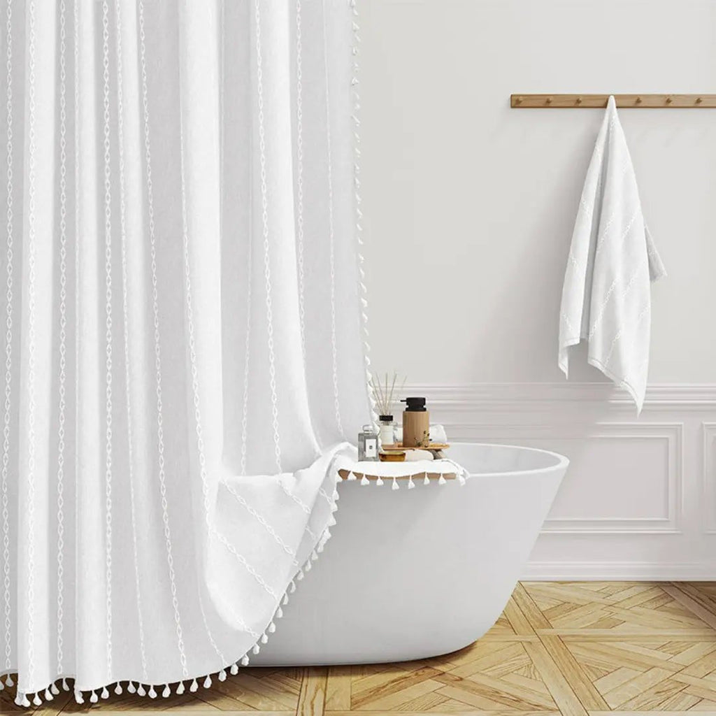 LinenLoom boho len fürdőszobai zuhanyfüggöny bojttal, vízálló, boho dekor kedvelőknek