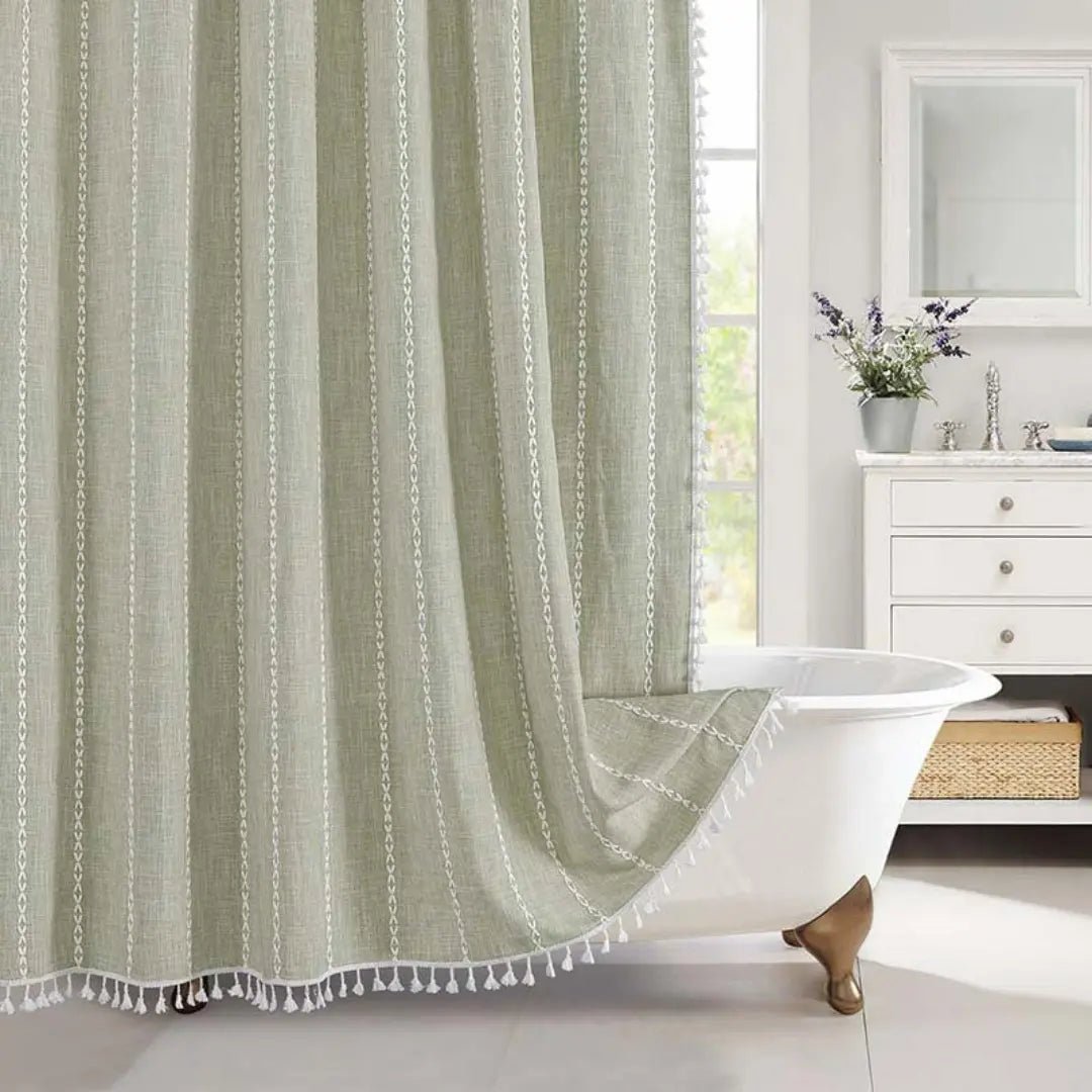 LinenLoom boho len fürdőszobai zuhanyfüggöny bojttal, vízálló, boho dekor kedvelőknek