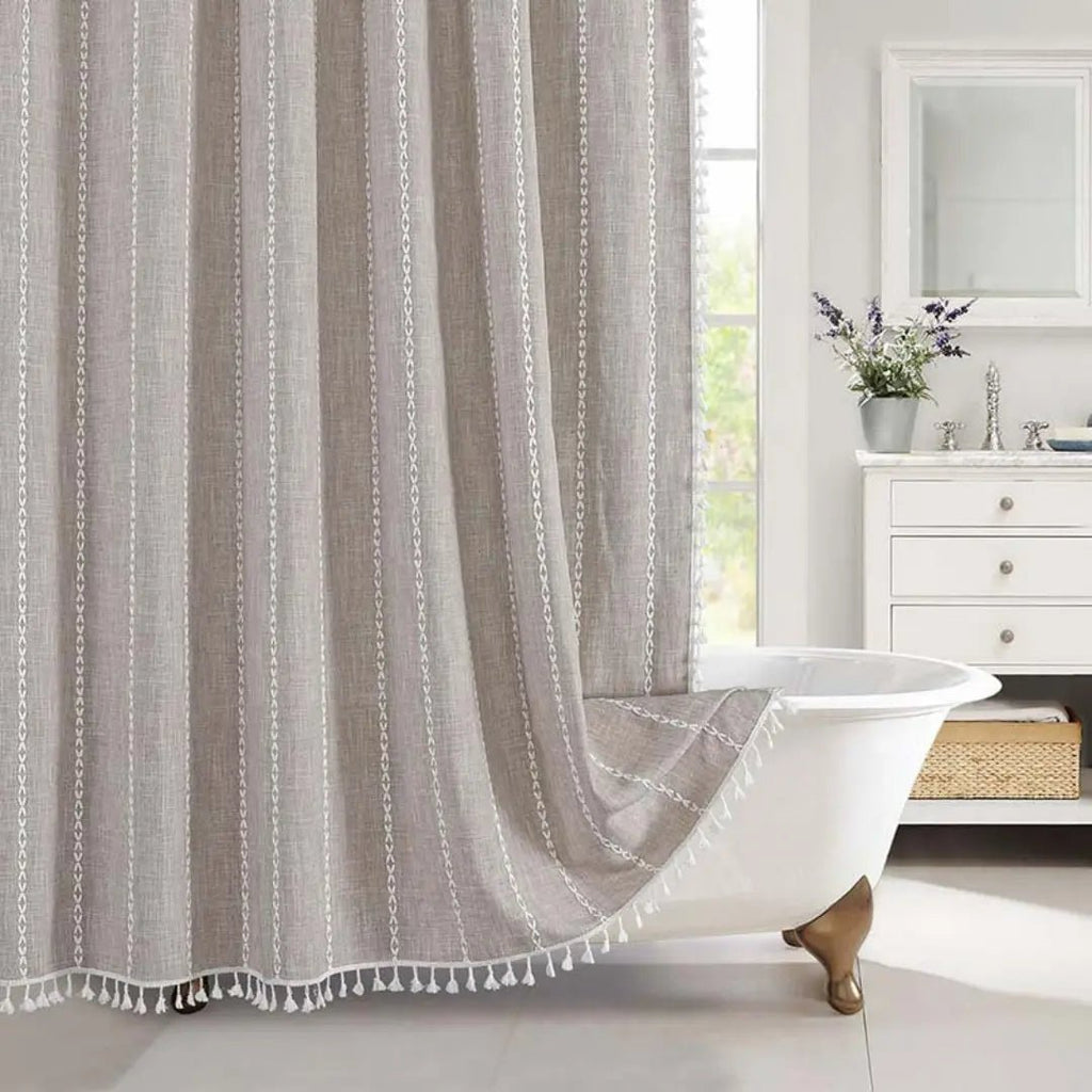 LinenLoom boho len fürdőszobai zuhanyfüggöny bojttal, vízálló, boho dekor kedvelőknek