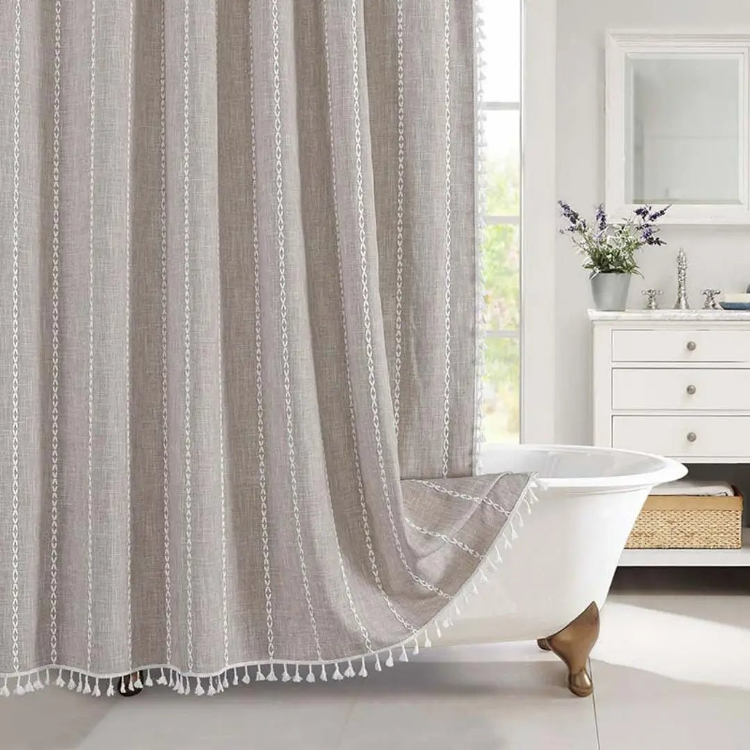 LinenLoom boho len fürdőszobai zuhanyfüggöny bojttal, vízálló, boho dekor kedvelőknek