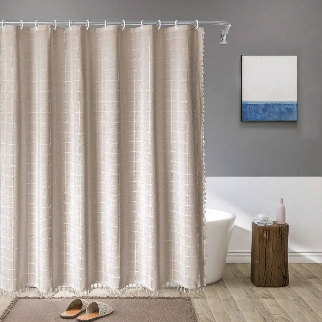 LinenLoom boho len fürdőszobai zuhanyfüggöny bojttal, vízálló, boho dekor kedvelőknek