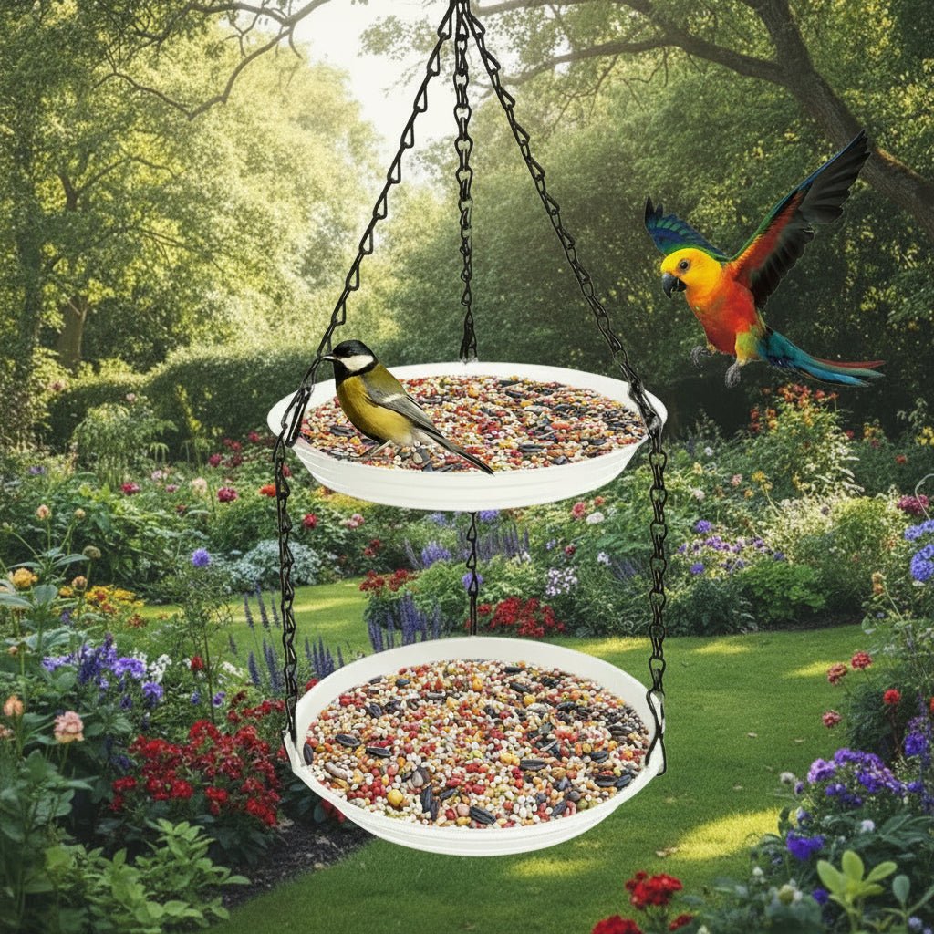 NestBridge hengende fuglemater med doble brett for hageentusiaster, sikker og slitesterk kjede