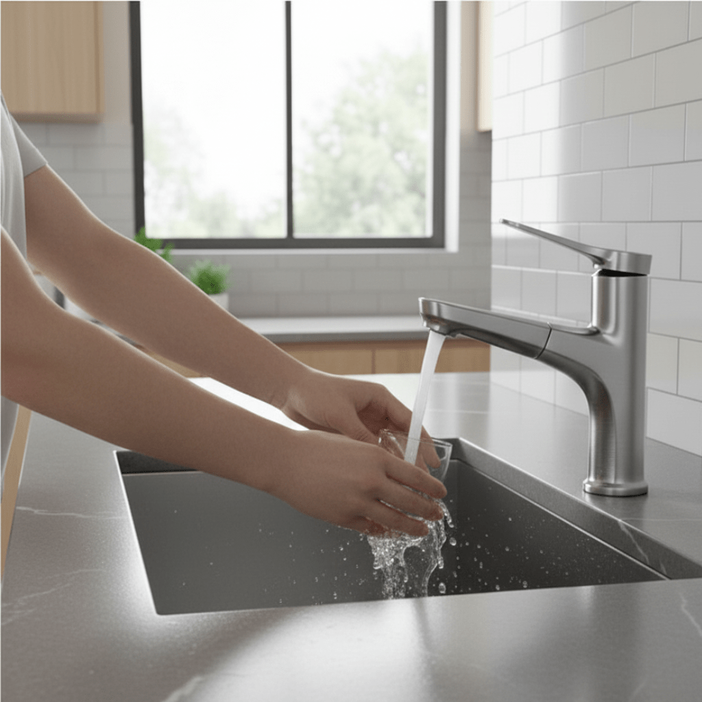Robinet de baie retractabil FlowWave cu furtun flexibil ergonomic din cupru pentru baie modernă
