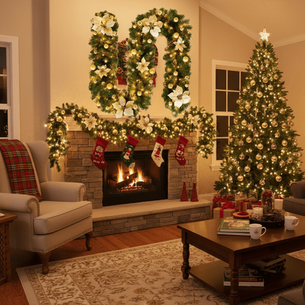 Guirlande de Noël en rotin illuminée LumaWeave avec LED blanc chaud, 2,7 m pour manteau de cheminée