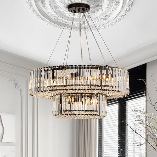 Candeeiro de teto cromado com 12 luzes, prismas de cristal e altura regulável | compagnien