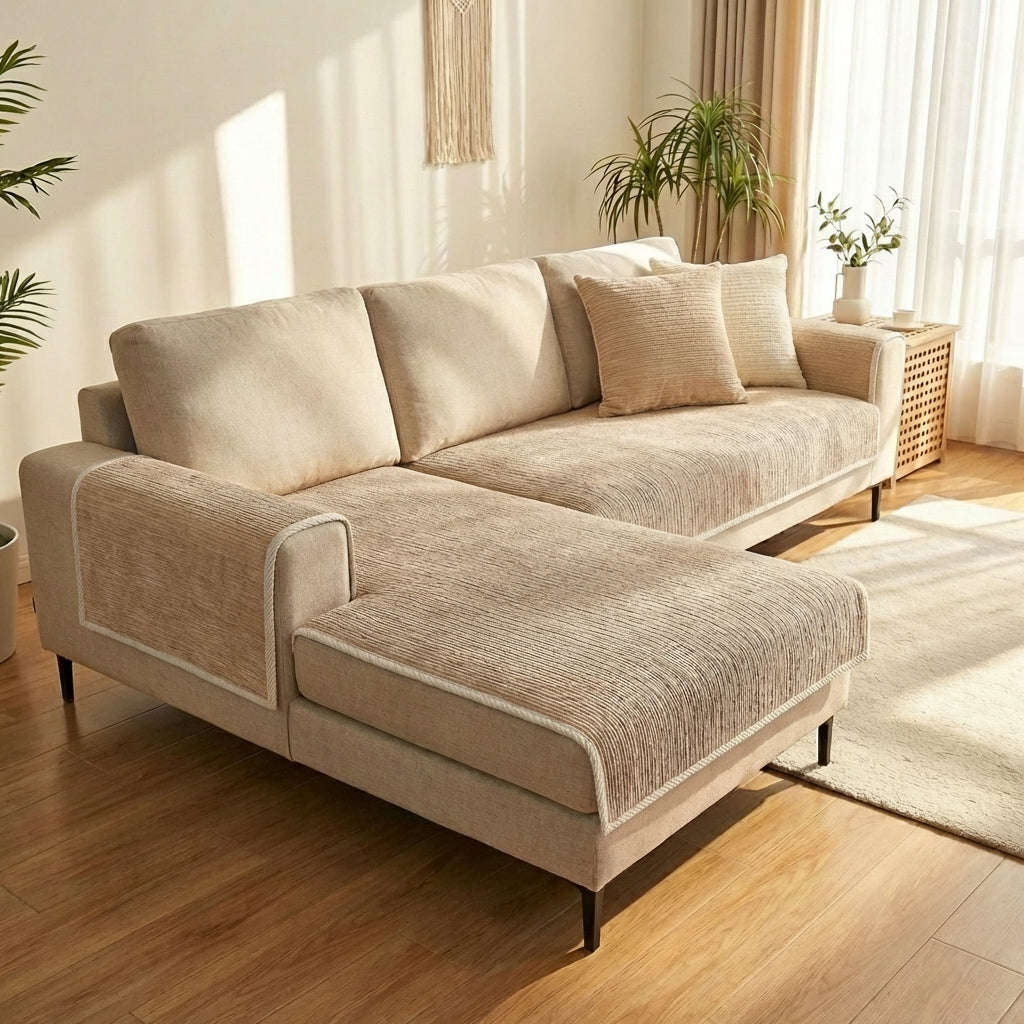 Sofatrekk i chenille med stripet ripebestandig mønster grå blå beige