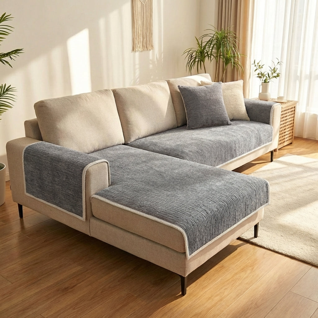 Sofatrekk i chenille med stripet ripebestandig mønster grå blå beige