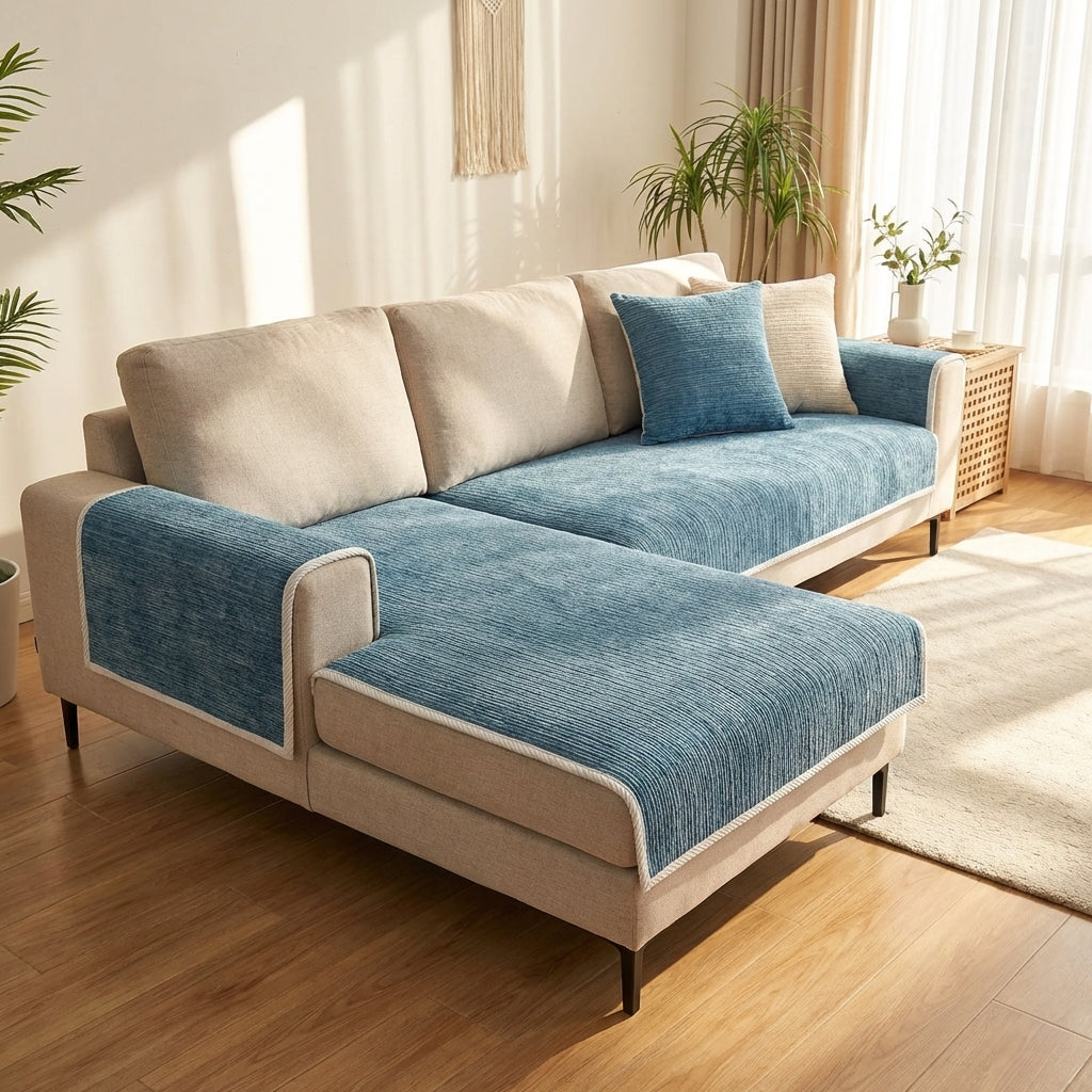 Sofatrekk i chenille med stripet ripebestandig mønster grå blå beige