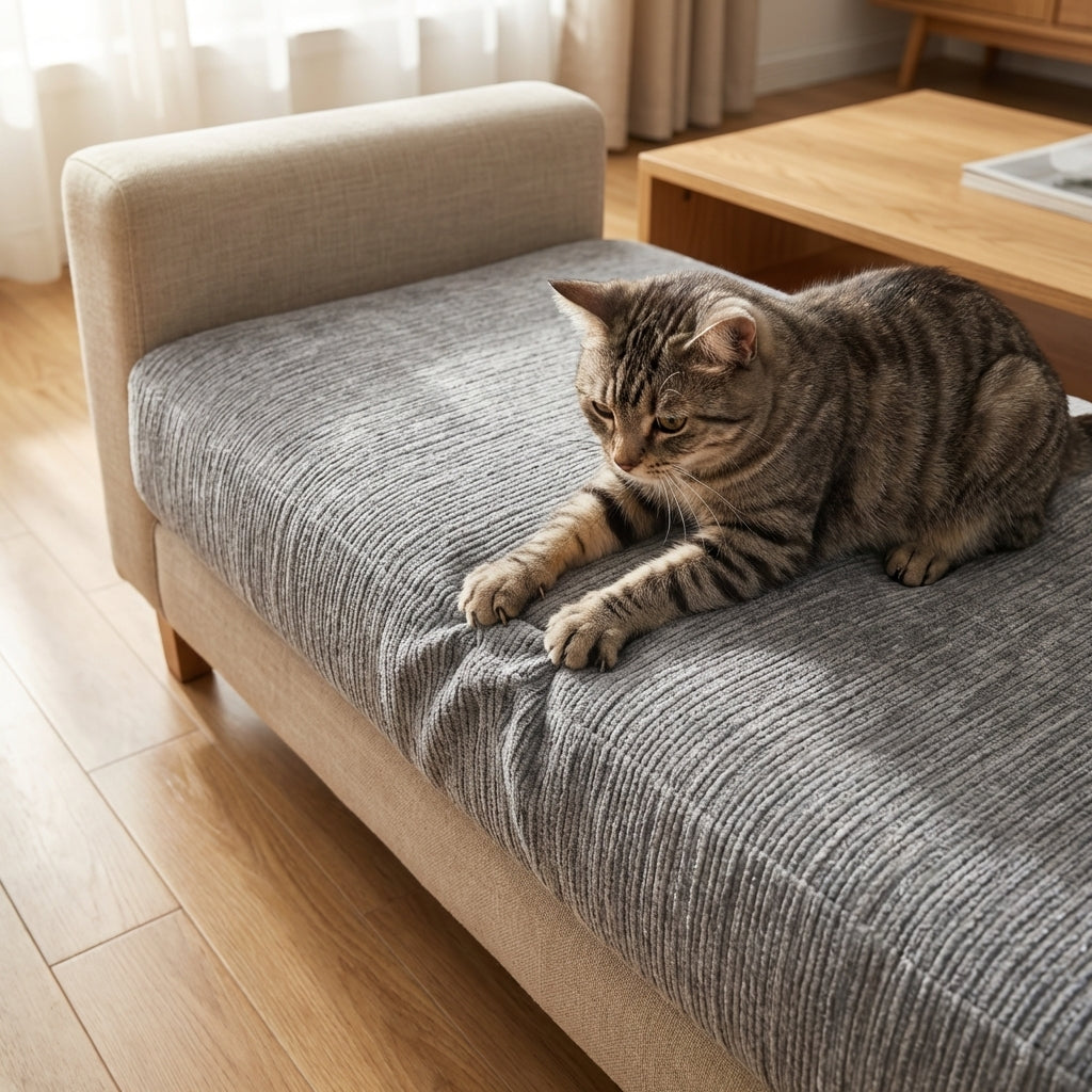 Sofatrekk i chenille med stripet ripebestandig mønster grå blå beige