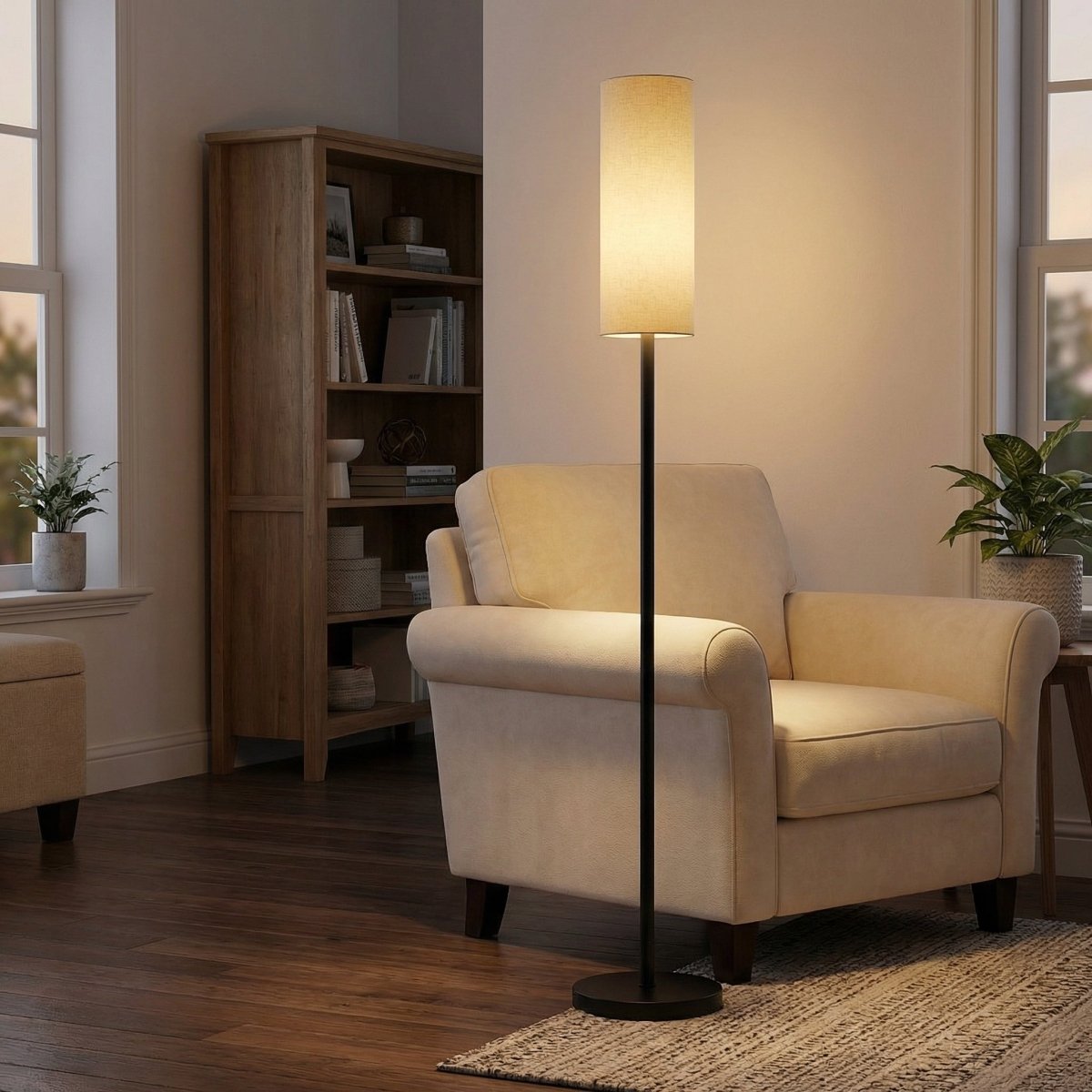 Moderne gulvlampe, stofskærm, justerbar højde