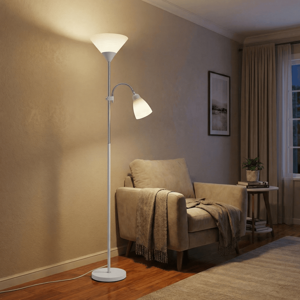 Lampada da terra moderna in metallo a doppia testa con altezza regolabile