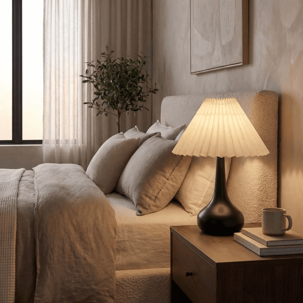 Moderne Tischlampe mit plissiertem Schirm, 14 Zoll Höhe