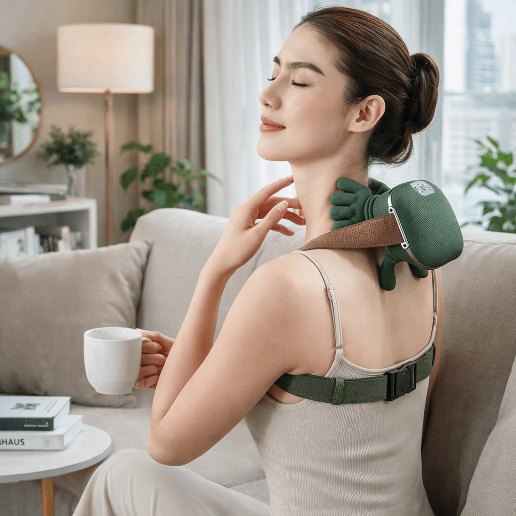 RELAXSHIATSU krční masážní přístroj 4D s teplem, kompaktní design, pohodlí