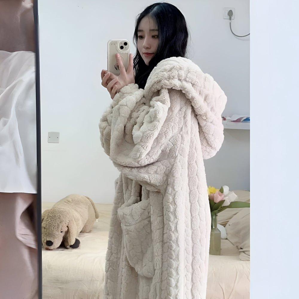 CozyNest Varm Damebadekåpe med Hetter og Lommer for Koselige Morgener