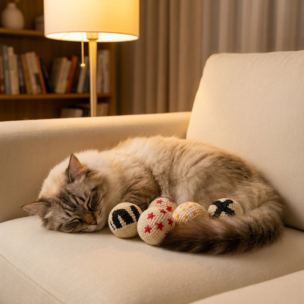 Vier gehäkelte Wollbällchen-Spielzeuge für Katzen für aktives Spielen