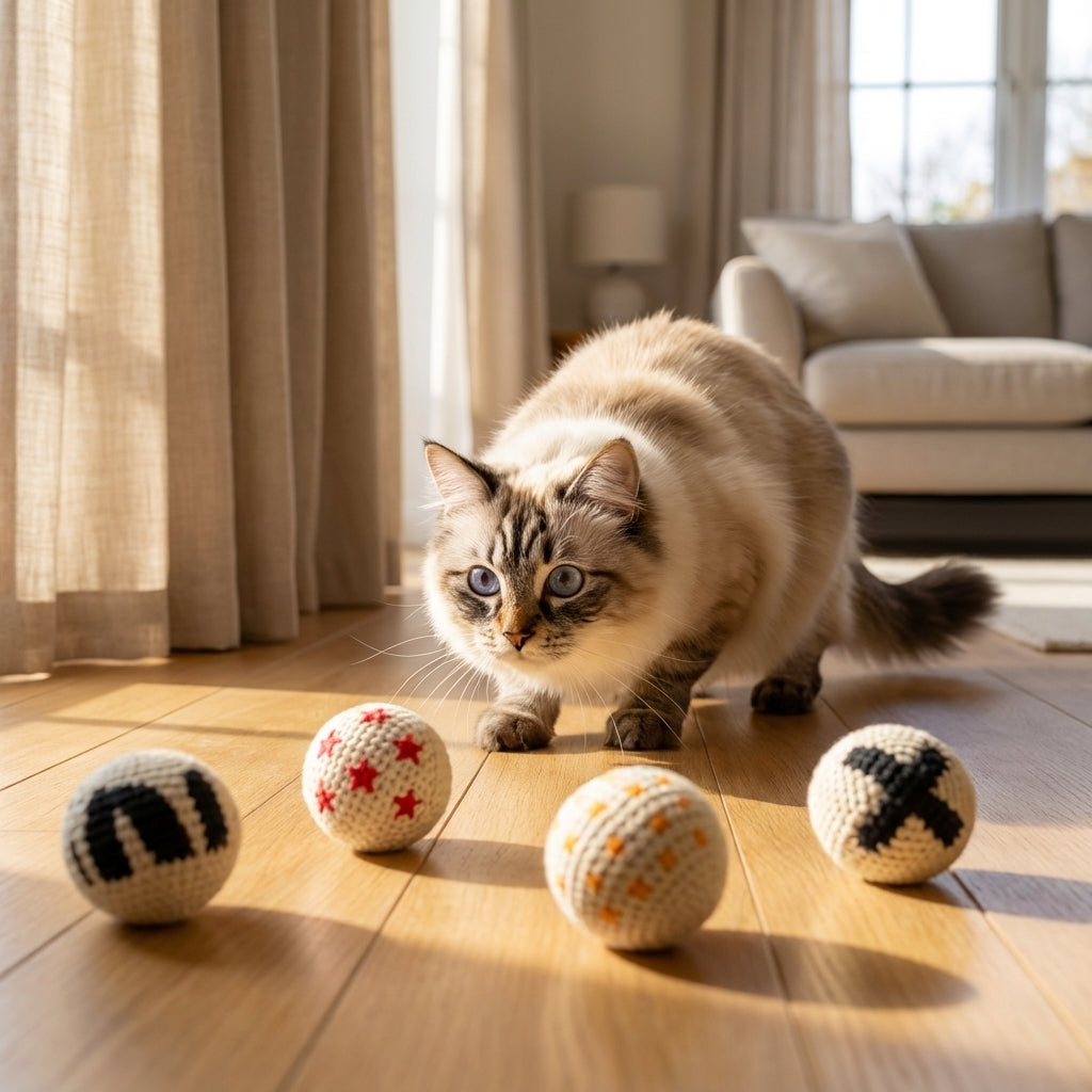 Vier gehäkelte Wollbällchen-Spielzeuge für Katzen für aktives Spielen