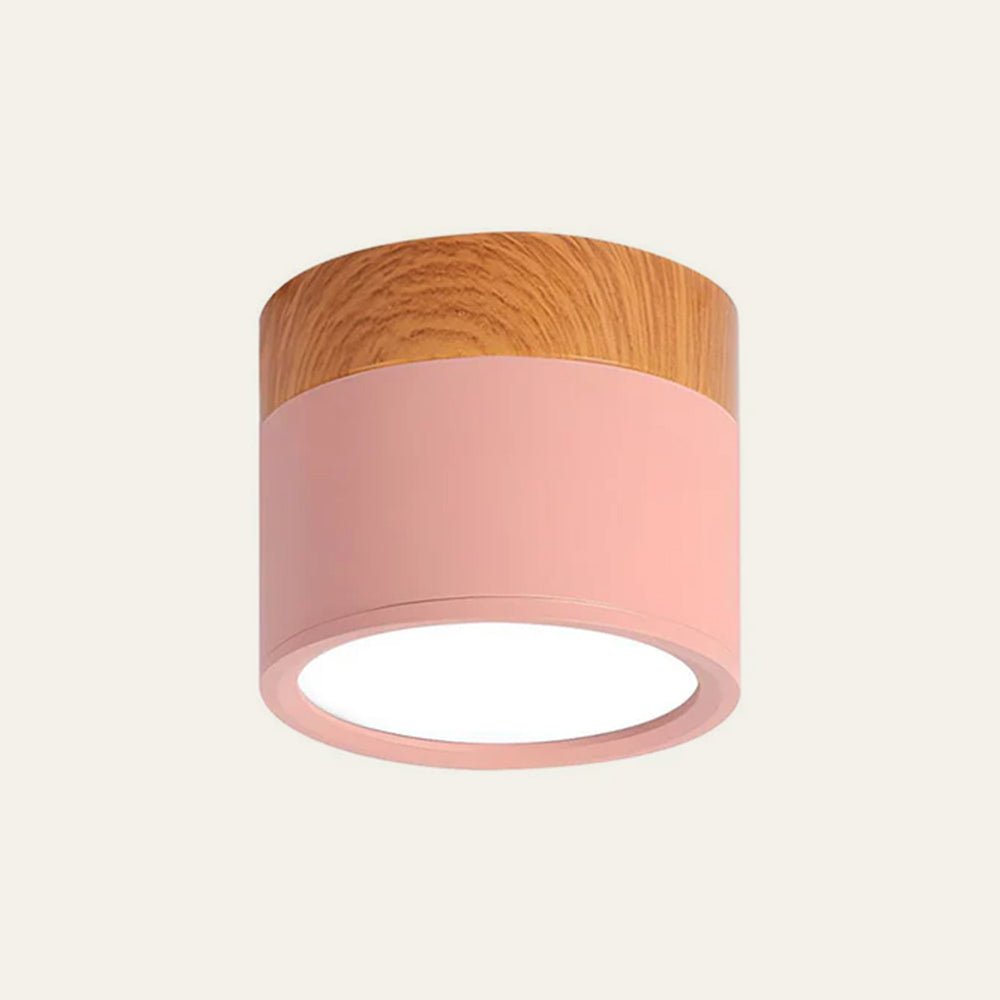 Wood Grain Cylinder Ceiling Light With Flush Mount