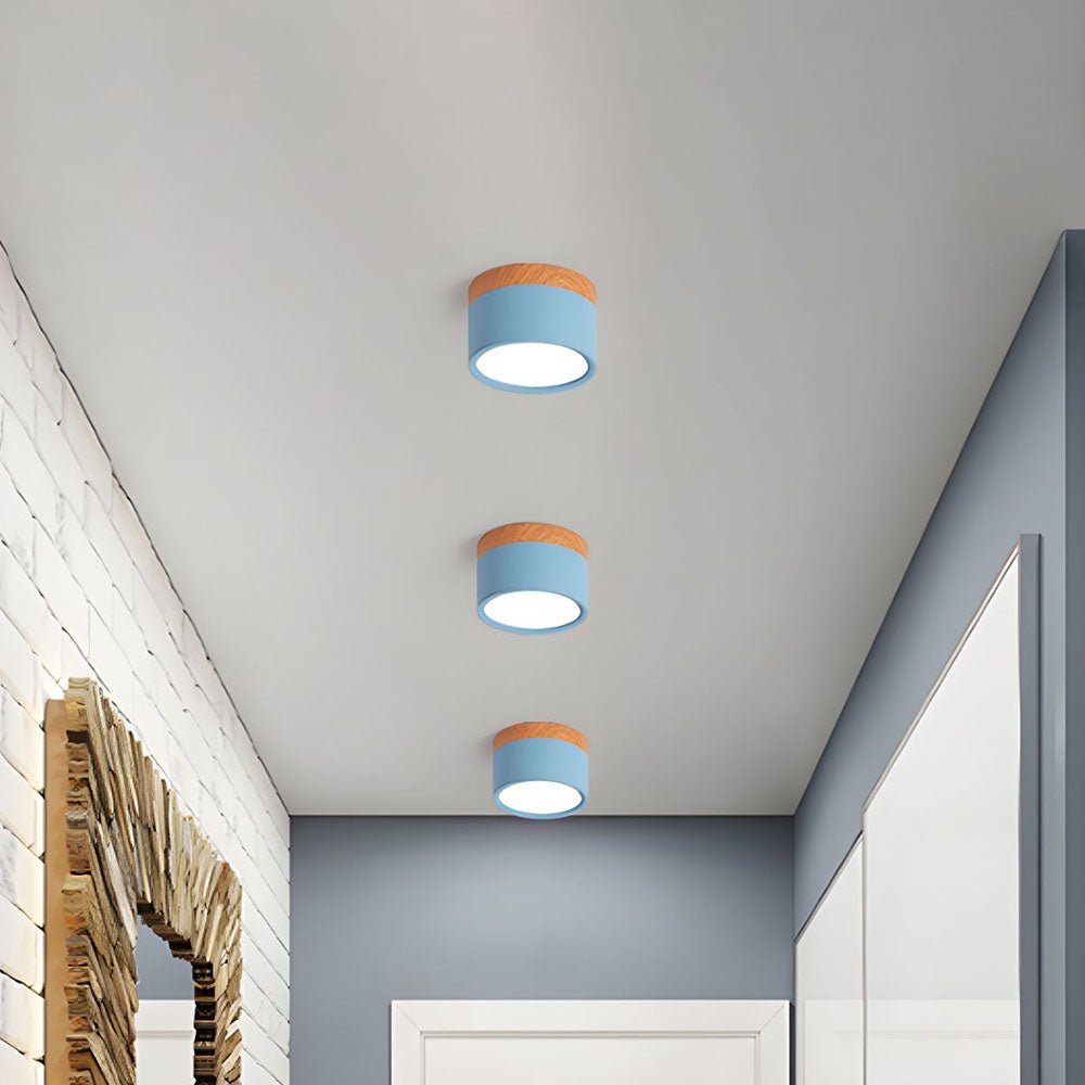 Wood Grain Cylinder Ceiling Light With Flush Mount