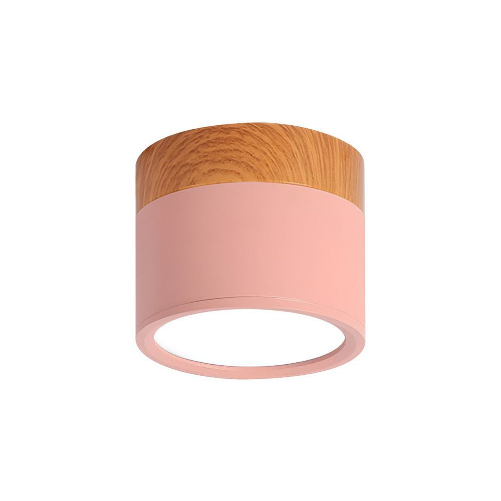 Plafonnier cylindrique effet bois avec montage affleurant