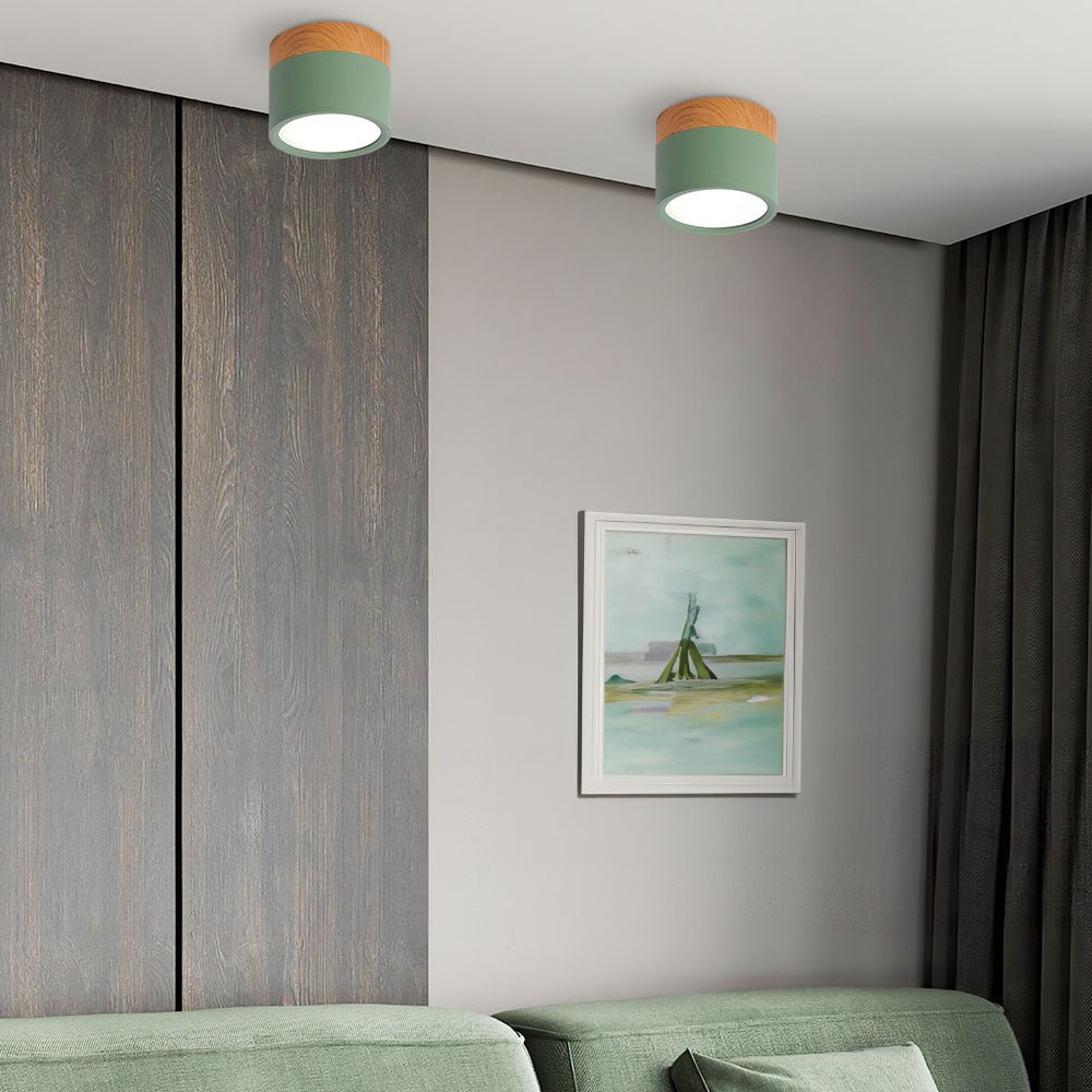 Plafonnier cylindrique effet bois avec montage affleurant