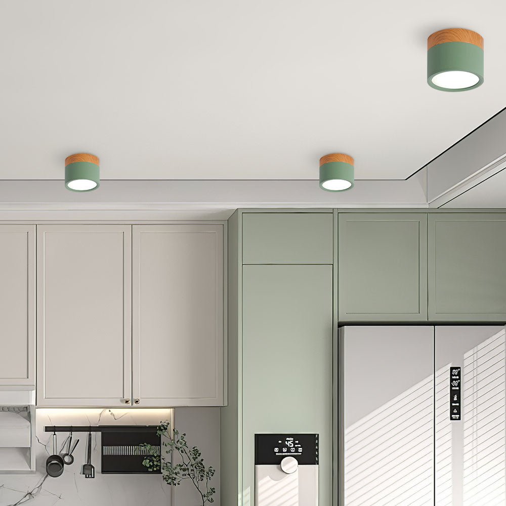 Plafonnier cylindrique effet bois avec montage affleurant