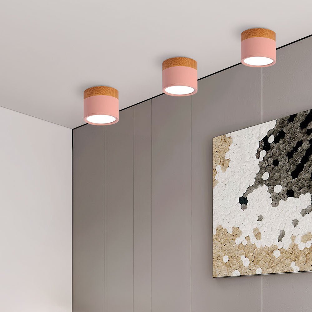 Plafonnier cylindrique effet bois avec montage affleurant