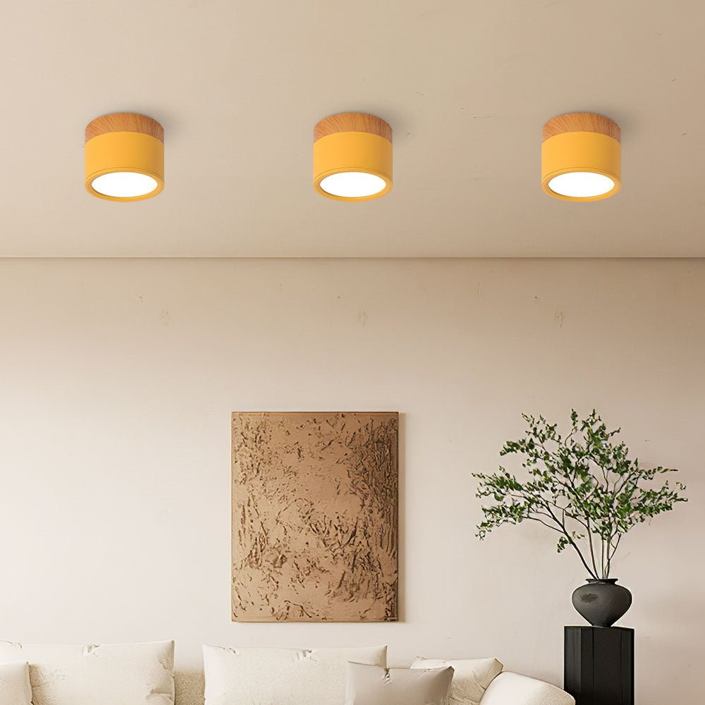 Wood Grain Cylinder Ceiling Light With Flush Mount
