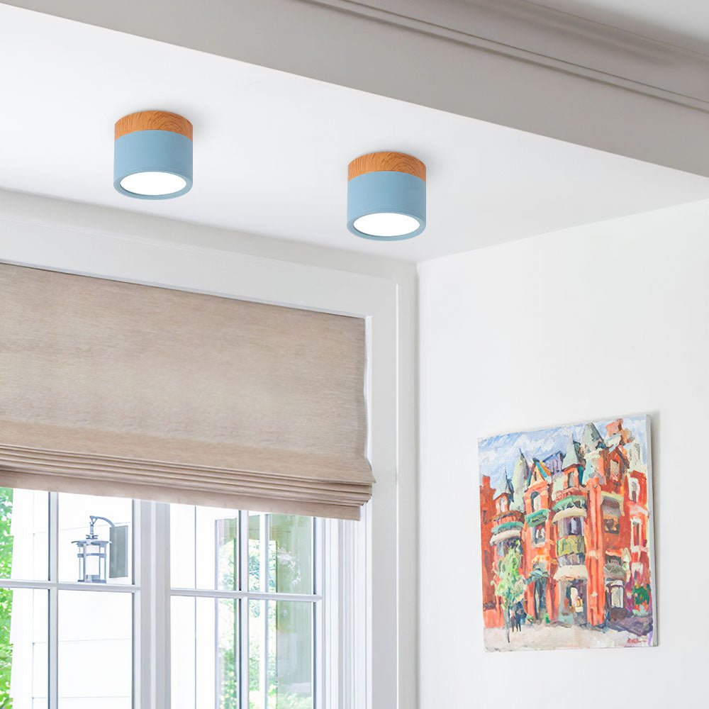 Plafonnier cylindrique effet bois avec montage affleurant