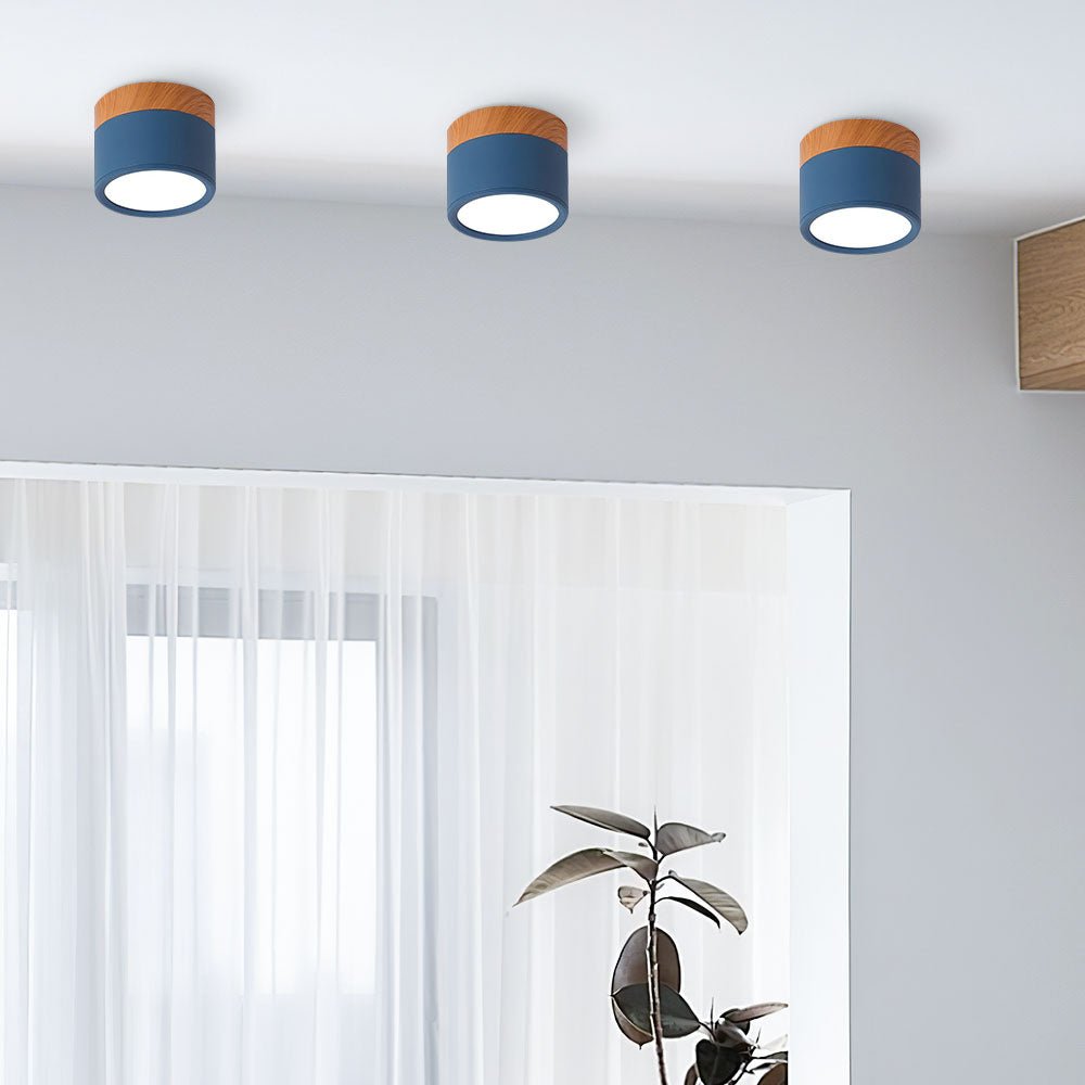 Plafonnier cylindrique effet bois avec montage affleurant