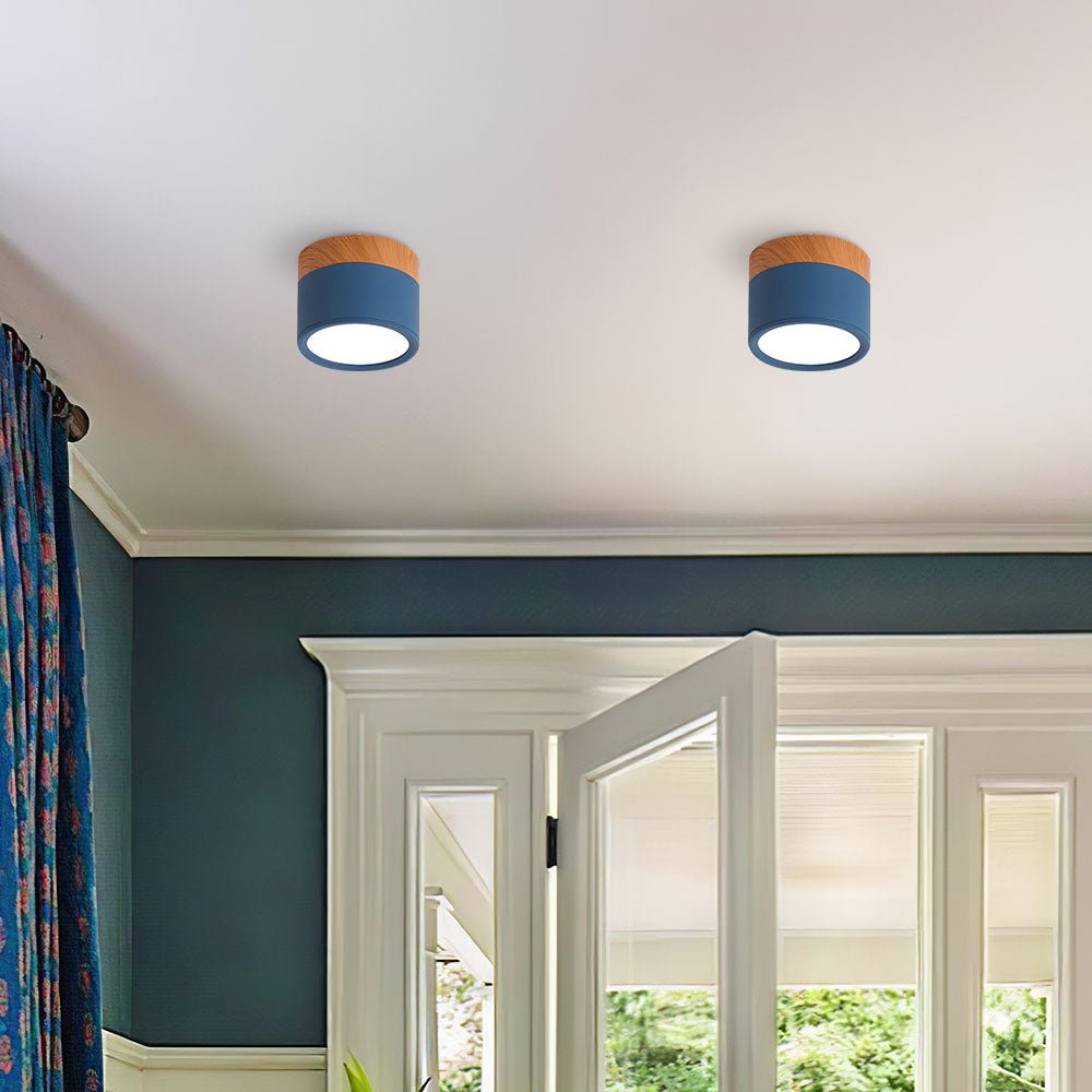 Wood Grain Cylinder Ceiling Light With Flush Mount