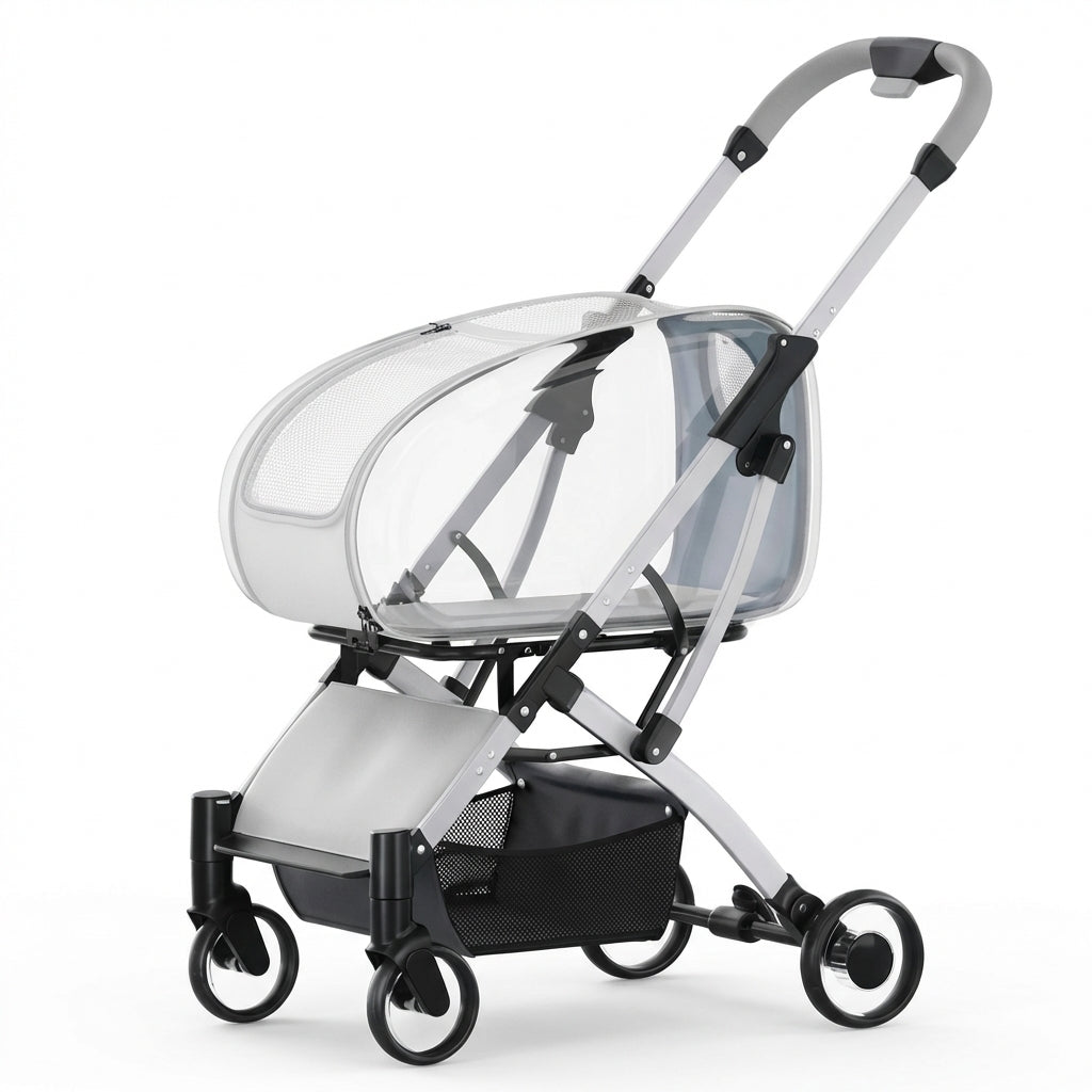 Foldable Pet Stroller With Detachable Clear Carrier