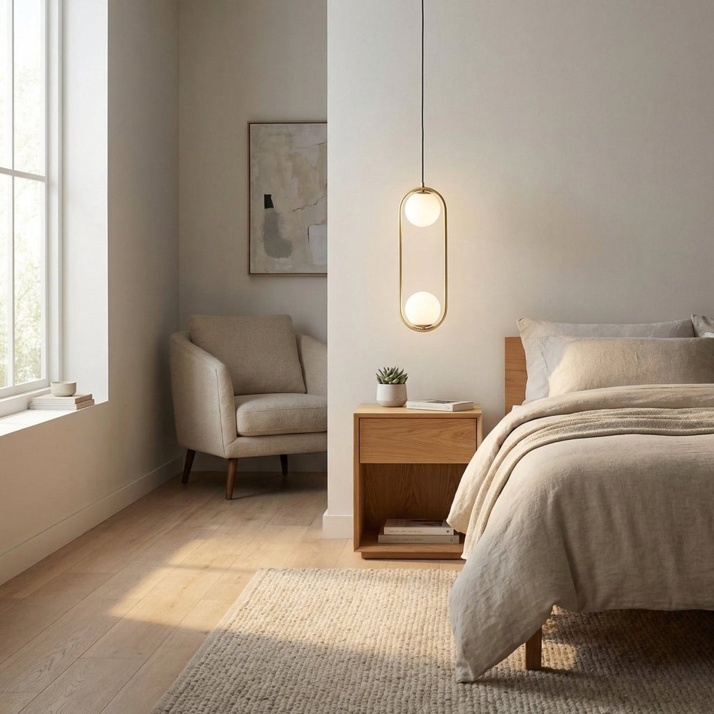 Dvě závěsné lampy Globe s elegantním rámem a skleněnými stínidly