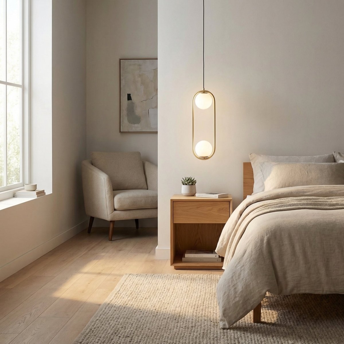Dvě závěsné lampy Globe s elegantním rámem a skleněnými stínidly