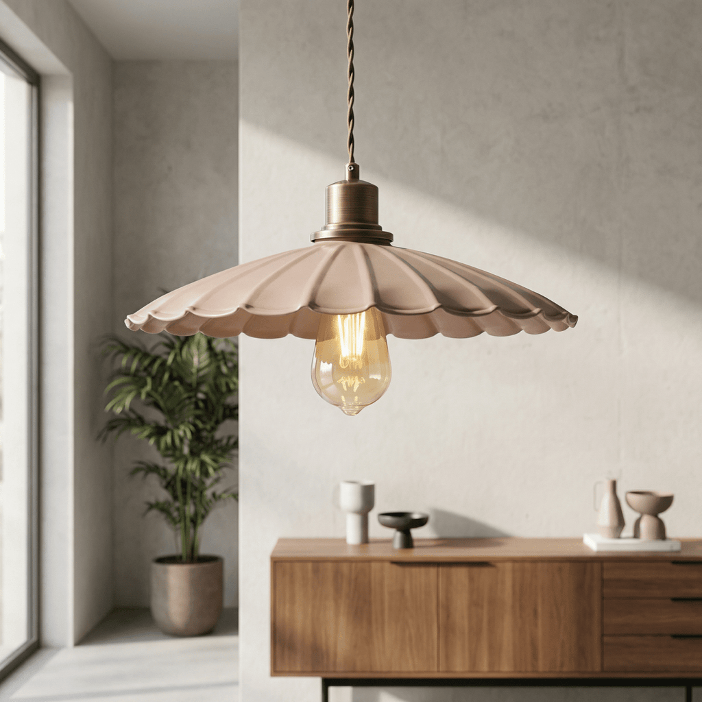 Dusky Pink Pendant Light With Scalloped Shade And Gold Accent