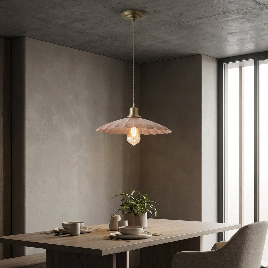 Dusky Pink Pendant Light With Scalloped Shade And Gold Accent