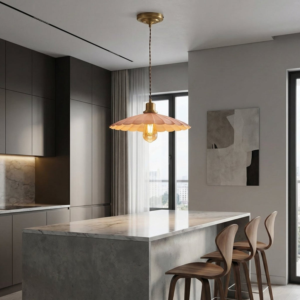 Dusky Pink Pendant Light With Scalloped Shade And Gold Accent